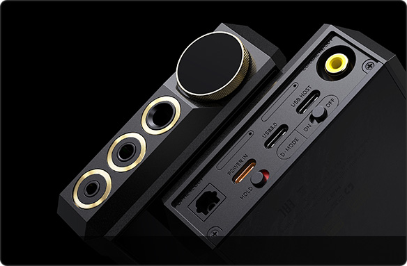 FiiO M27のUSB、光、同軸など複数の入力端子が見える端子部の写真