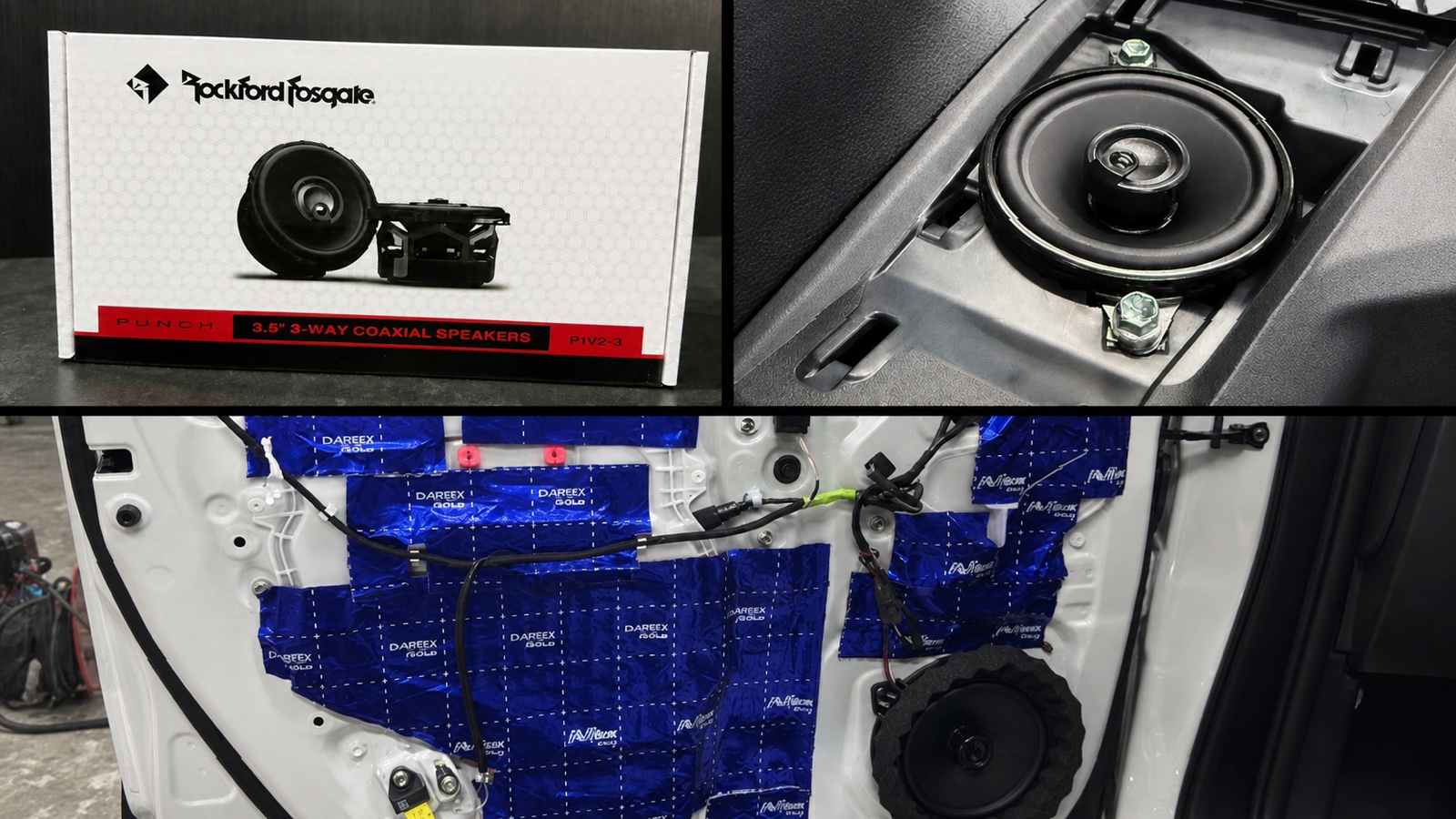 Rockford Fosgate P1V2-3の製品箱、ダッシュボード装着スピーカー、デッドニングを施したドア内部を組み合わせた三枚組写真